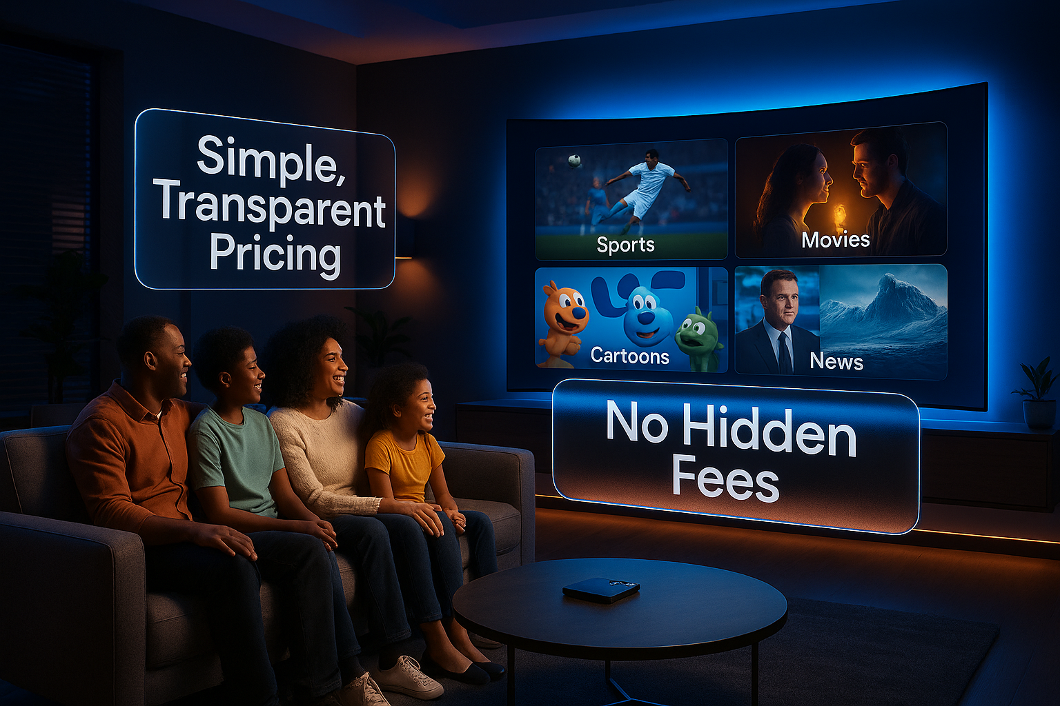 Add a family sitting watching tv with different categories of shows on