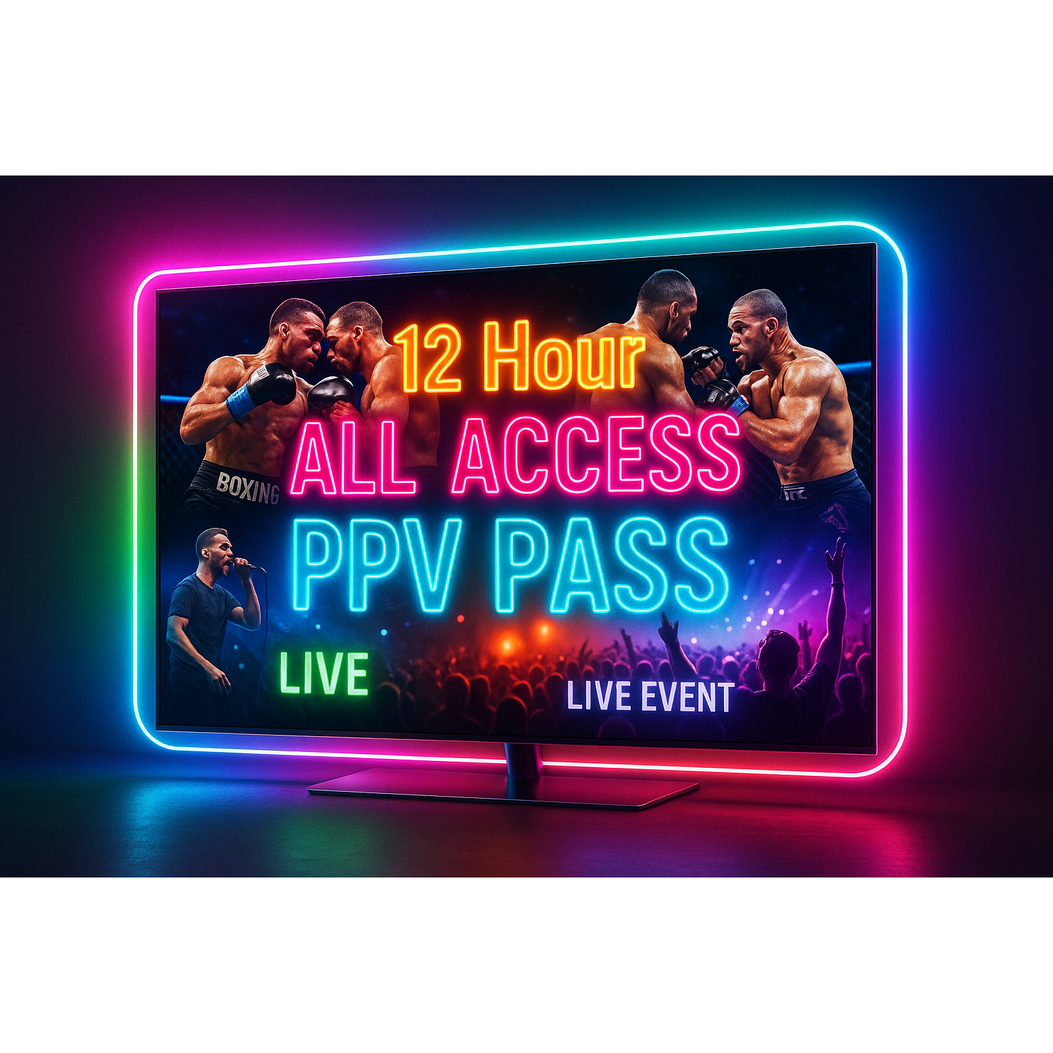 Put Boxing, UFC, Concerts, Live events on the TV screen behind the words. Remove the pricing.